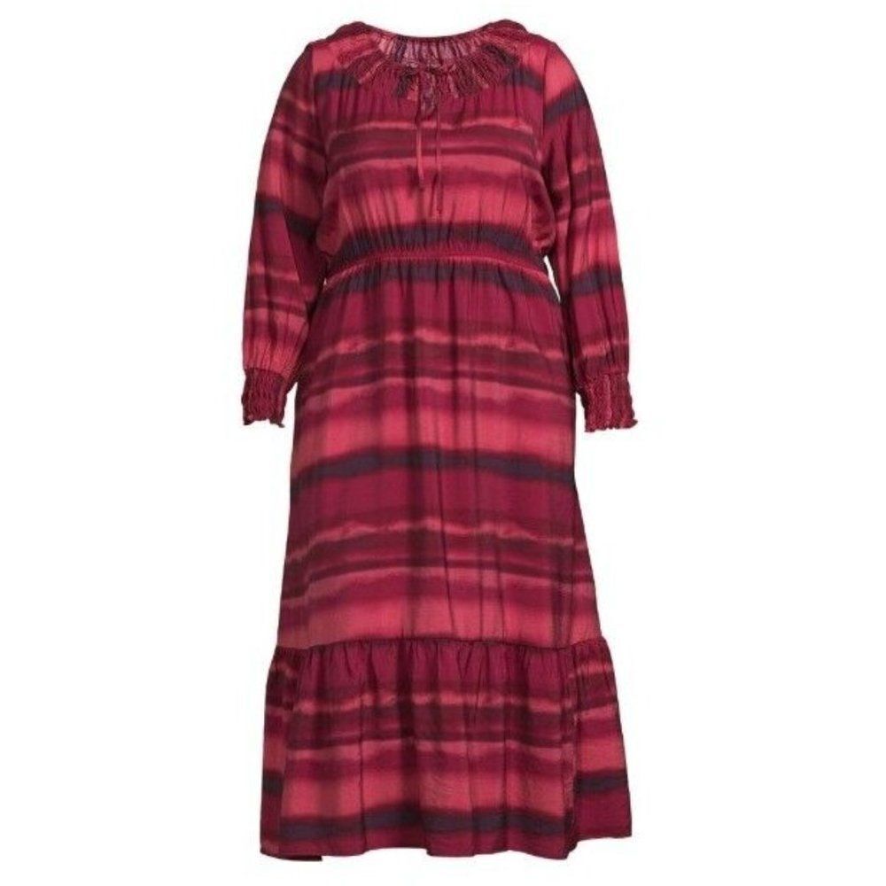 TERRA & SKY Peasant Tiered Long Sleeve Maxi Dress Plus 3X Washy Stripe Rose NWT
